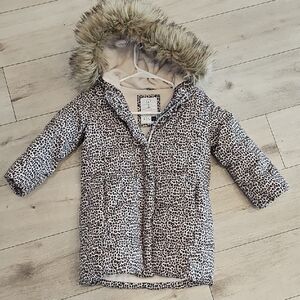 GAP Kids Leopard Print Puffer Jacket with Faux Fur Hood
